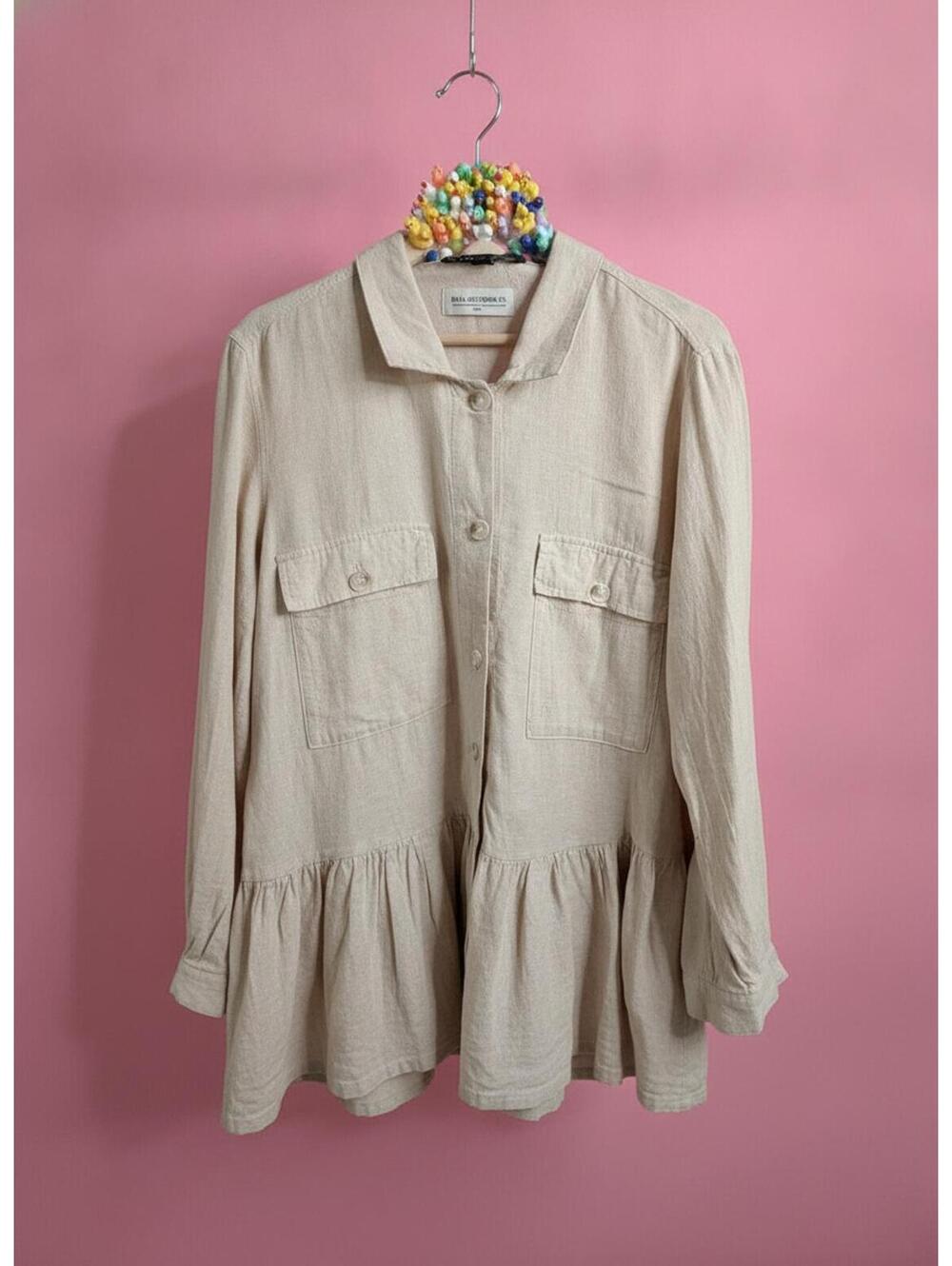 Jac & Raquel Beige Button-Up Peplum Shirt Jacket